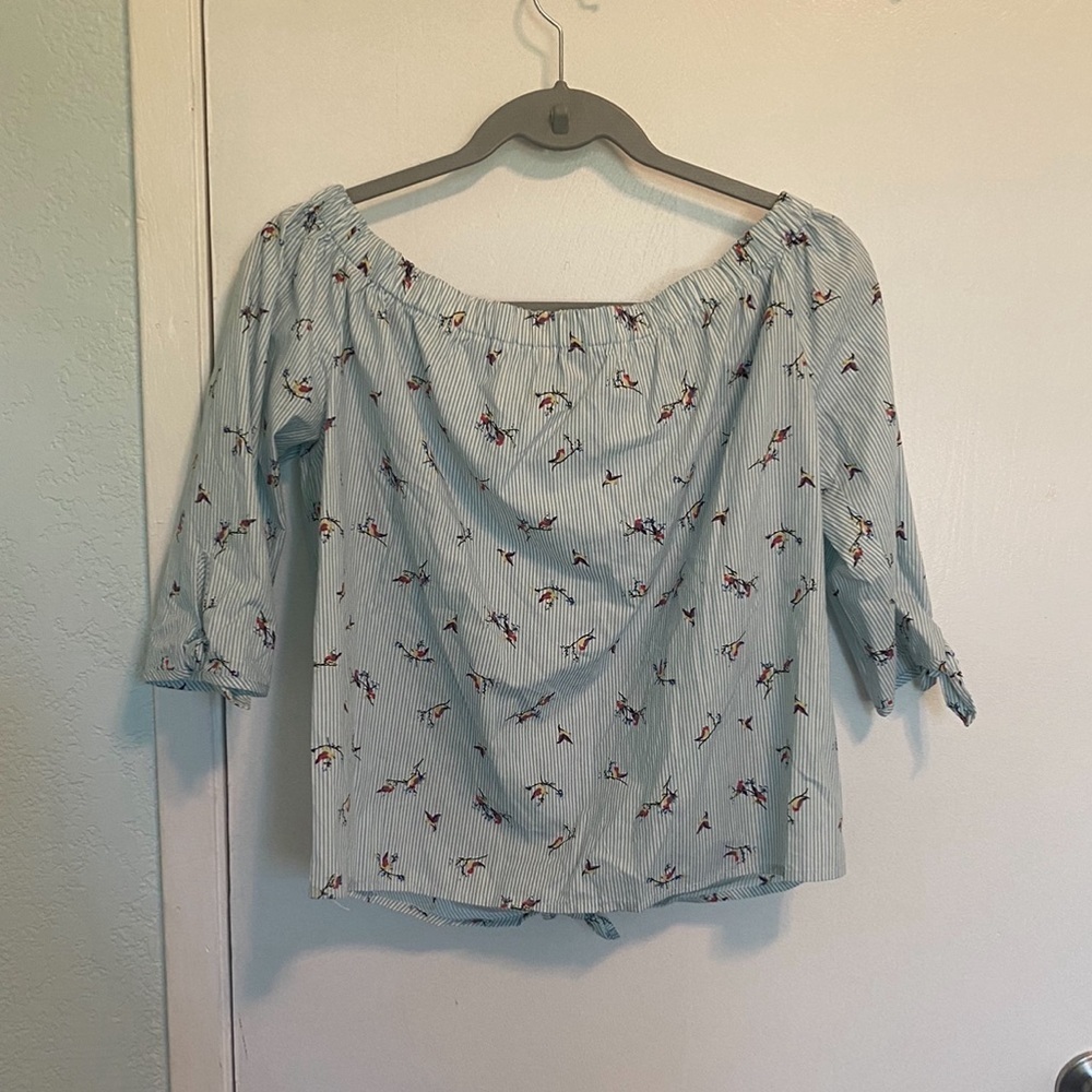 Iris Women’s Crop Pheasant Boho Bird Print Front Knot Tie Half Sleeve Top Sz S - Picture 3 of 3